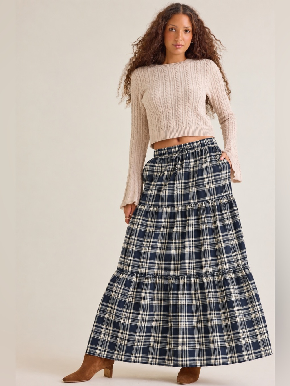 Caroline Constas Plaid Gingham Tiered Maxi Skirt Size S Small Fall Vintage Style